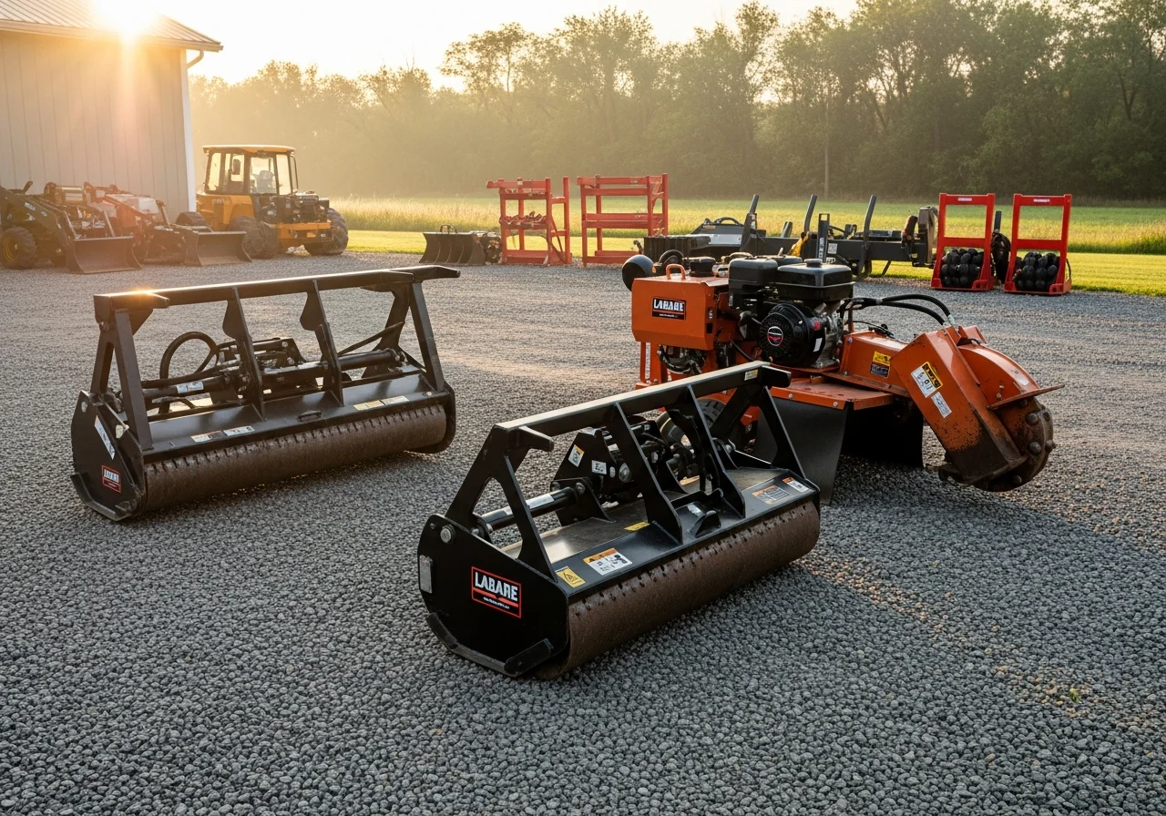 Equipment and tools ready for land clearing and forestry mulching work on a farm property.