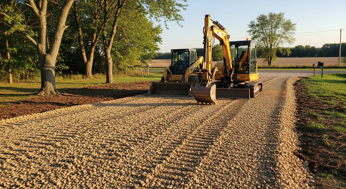 Gravel driveway freshly installed and graded