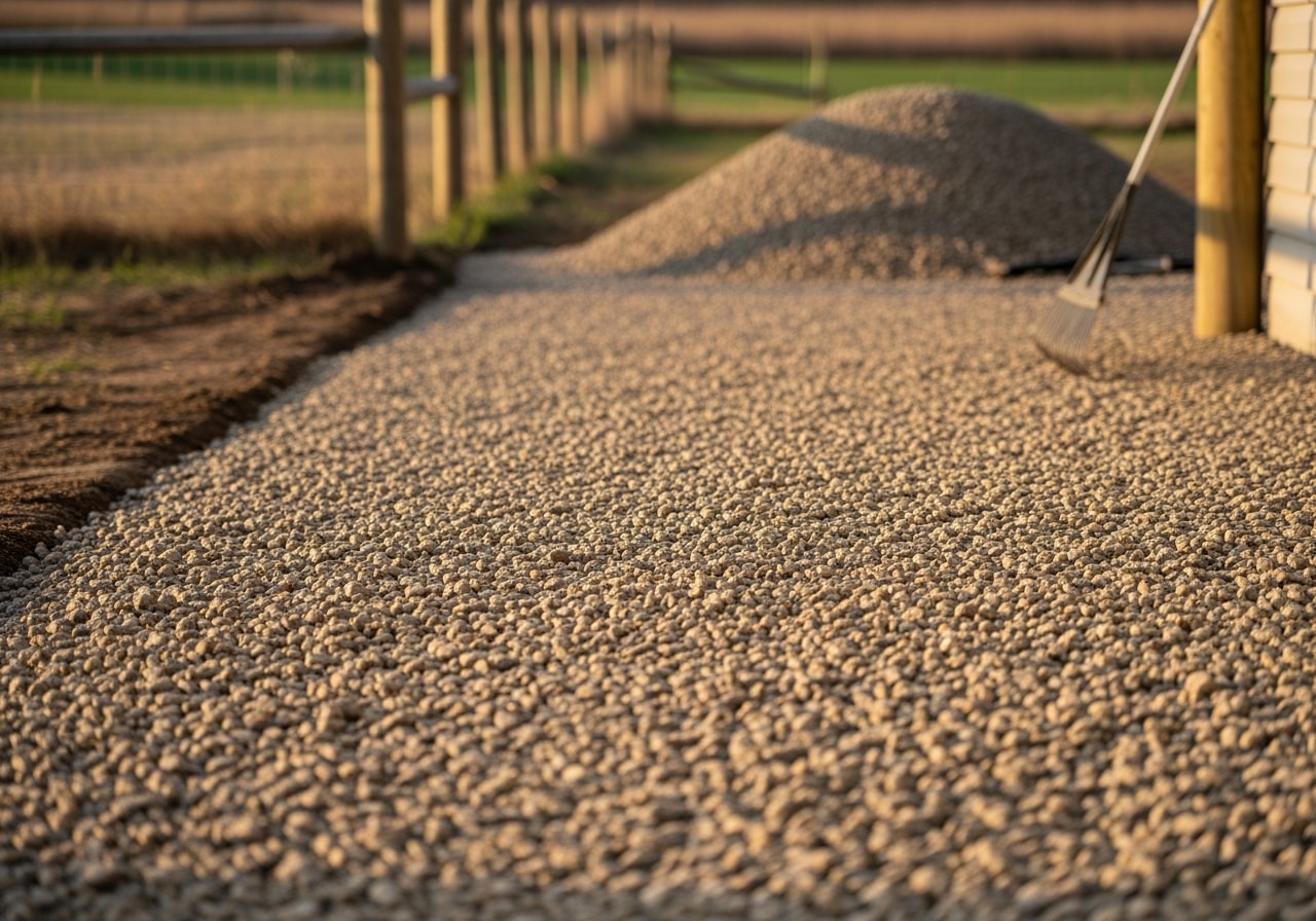 Regraded driveway with fresh crushed gravel and compacted base in Wabasha