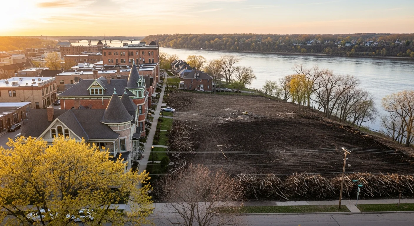 Scenic Wabasha riverfront with historic homes and Mississippi River views in the background.