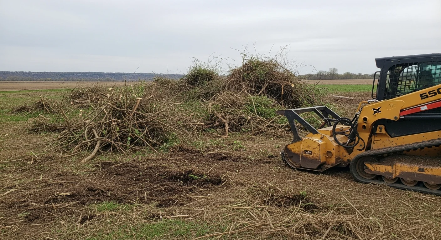 A rural Wabasha County field with dense brush and invasive shrubs cleared from the fence line and field edge, leaving open, flat ground ready for use. Equipment tracks are visible along the cleared corridor with wooded bluff terrain in the background.
