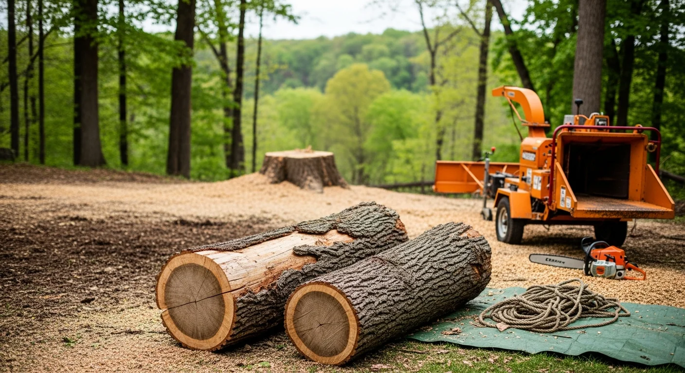 A large dead oak tree being removed from a residential yard in Wabasha, Minnesota, with the trunk sectioned and debris cleared from the surrounding lawn. A crew member in safety gear works near the base of the tree with wooded bluff terrain visible in the background.