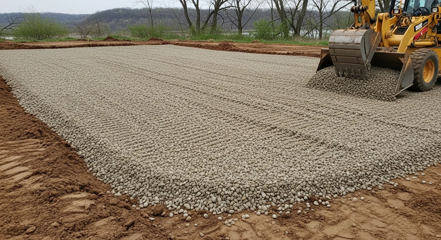 A freshly installed gravel driveway on a rural property near Wabasha, Minnesota, with a compacted stone surface extending from a county road toward a farmstead. The driveway shows clean graded edges and even gravel coverage across flat and slightly sloped terrain.