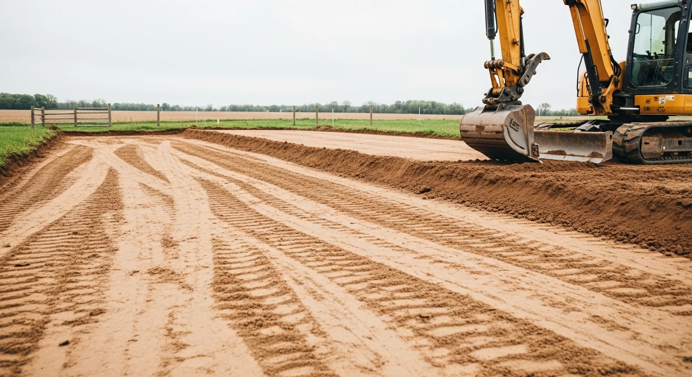 Excavation equipment grading and leveling a rural driveway subbase on a property near Wabasha, MN. Freshly cut soil shows the prepared base layer ready for compaction before surface material is applied.