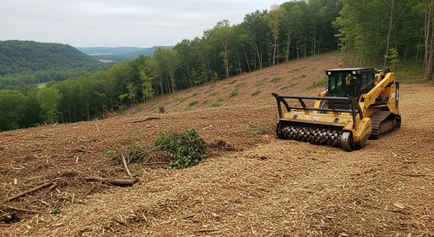 A Wabasha County wooded property after forestry mulching, showing cleared brush and trees ground into an even layer of mulch across sloped bluff-country terrain. The land surface is open and stable with scattered remaining trees left intact.