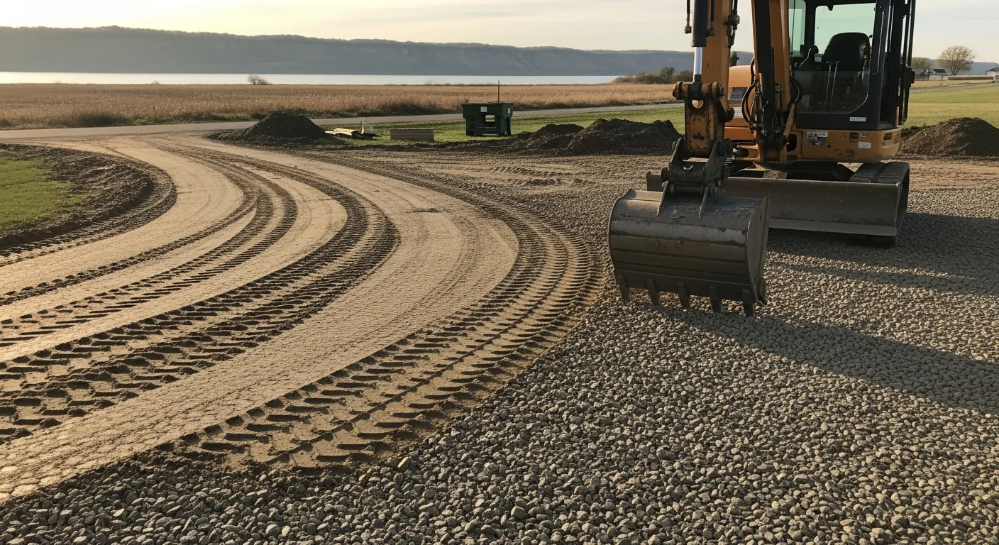 A freshly repaired gravel driveway on a rural Wabasha, Minnesota property, showing a regraded surface with restored crown and compacted base leading toward a farm structure. The surrounding landscape reflects the bluff country terrain typical of Wabasha County.