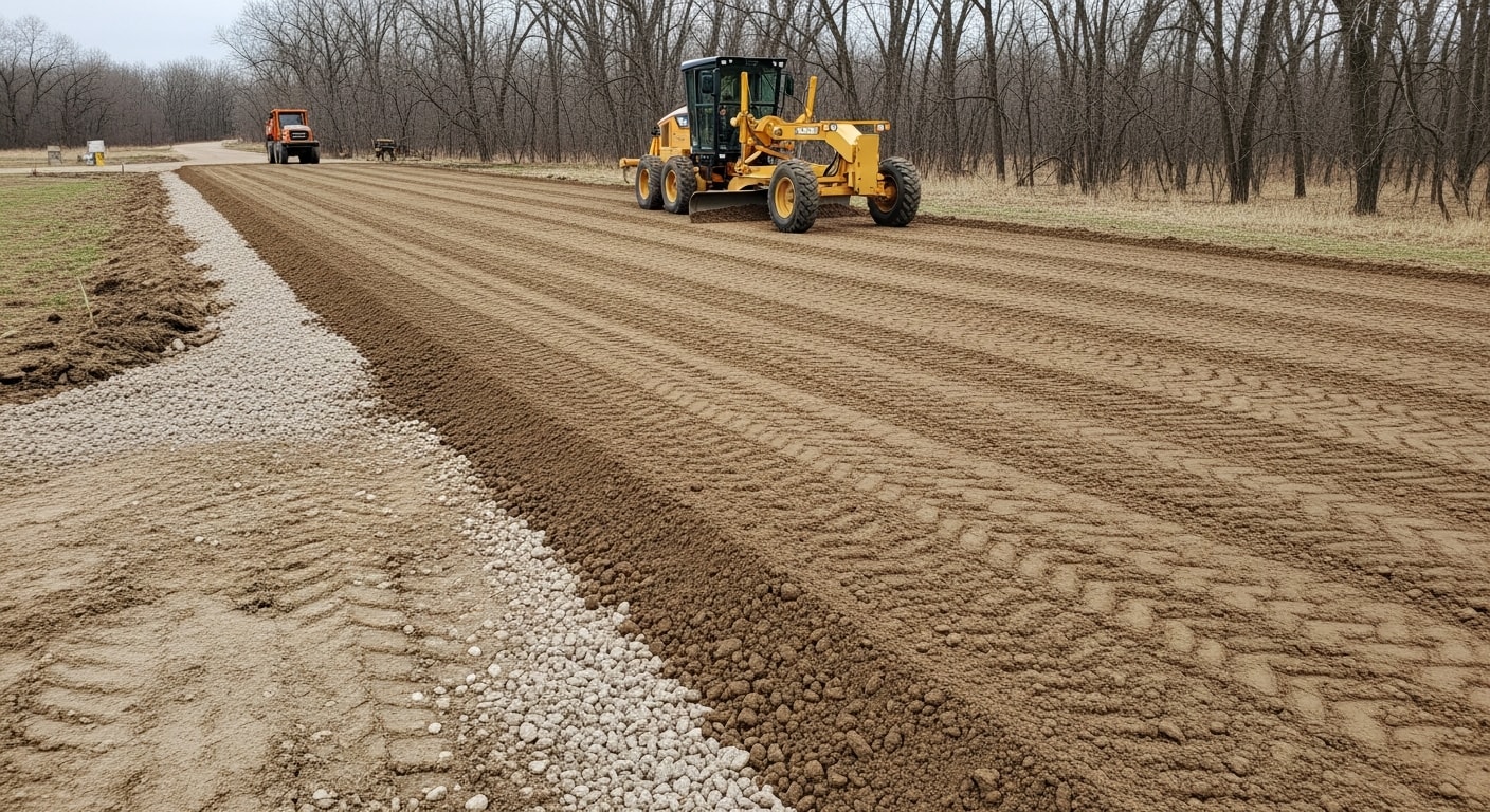 A gravel driveway on a rural Wabasha property after repurposing, showing a smooth, evenly graded surface with a visible center crown and clean edges. Redistributed gravel fills former ruts and potholes along the full length of the lane.