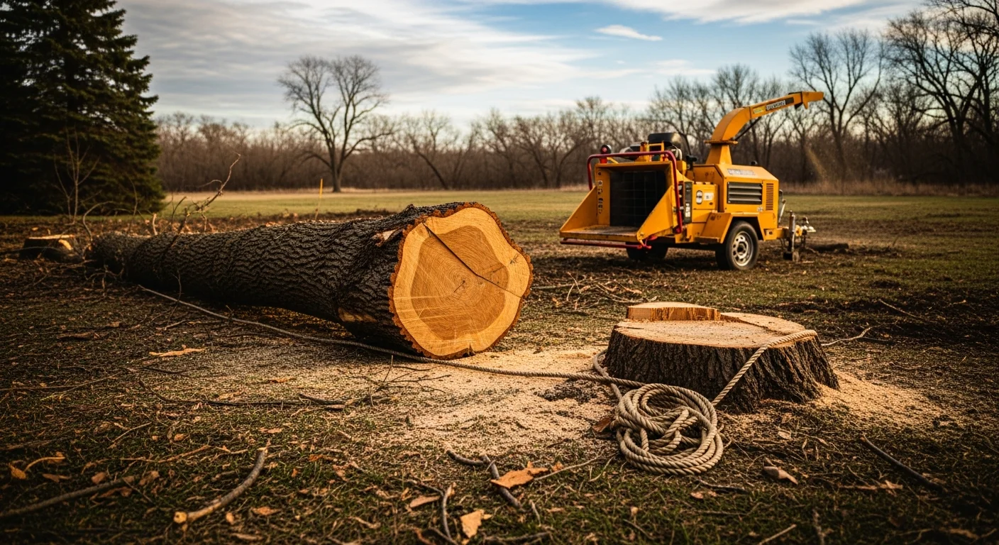 A large hazardous tree with a split trunk being removed in sections by a tree service crew in a residential yard in Wabasha, Minnesota. The surrounding home and fence line are visible in the background with debris cleared to one side.