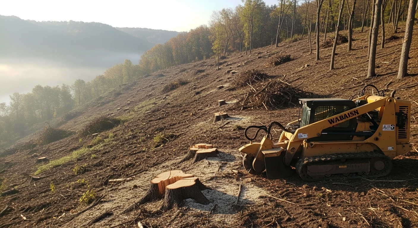 A freshly cleared rural parcel in Wabasha, Minnesota showing open ground where dense trees and brush have been removed. Stumps are ground down and debris is hauled away, leaving a level, workable surface along a bluff-country property.