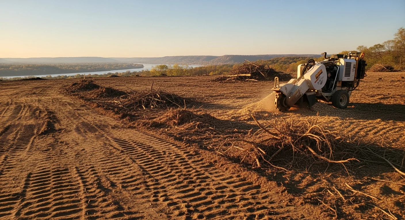 A freshly cleared lot in Wabasha, Minnesota showing open ground where dense brush and trees have been removed. Surrounding bluff-country landscape and tree lines are visible at the parcel edges.