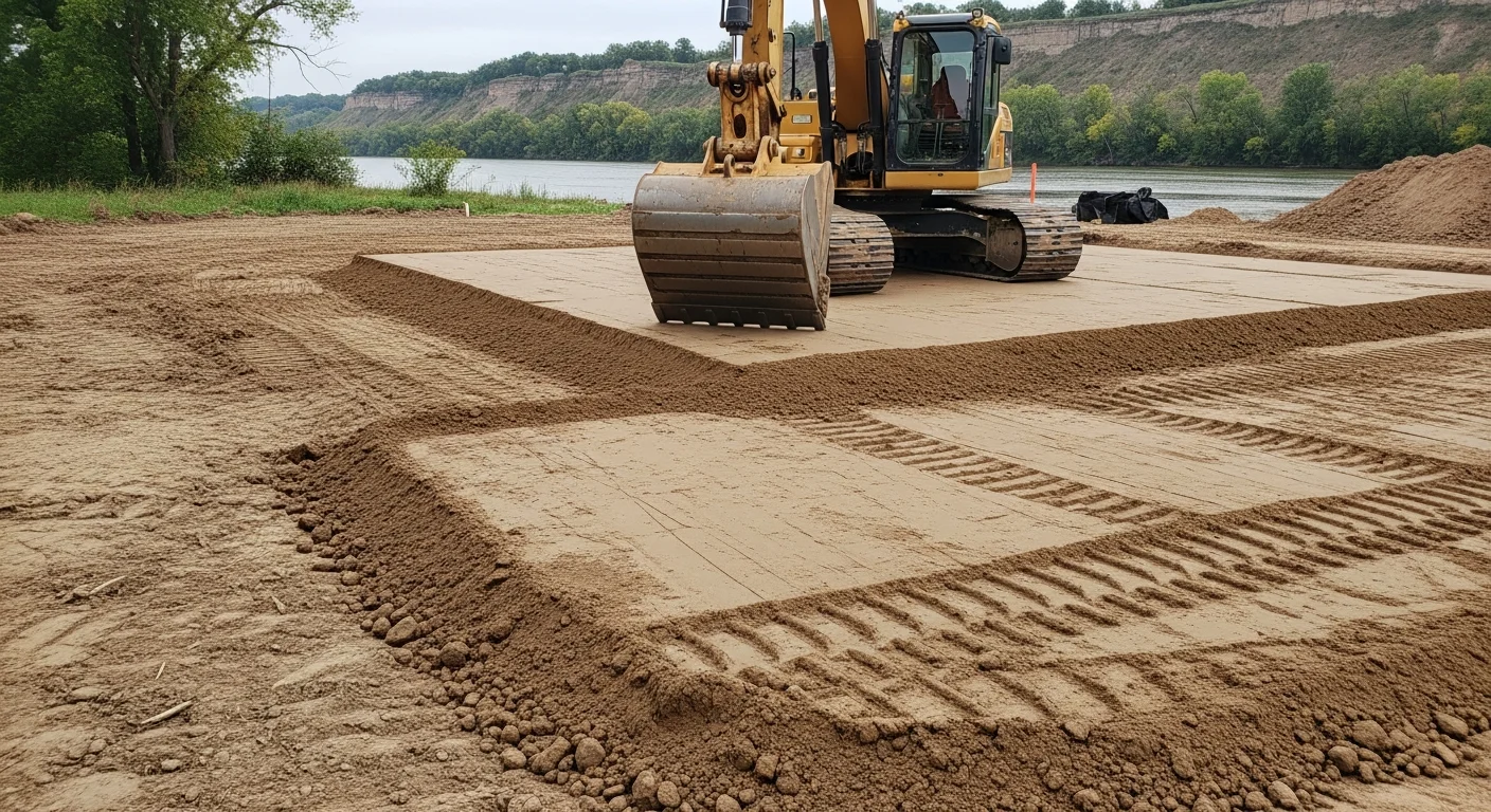 An excavation crew from Labare Farms spreading and grading fill material on a residential property in Wabasha, Minnesota. A tracked machine levels compacted layers across a prepared building site near the Mississippi River valley.