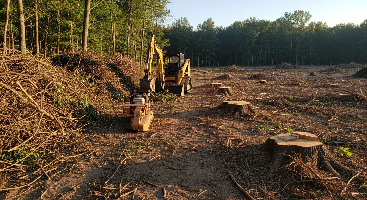 A cleared rural property in Wabasha, Minnesota showing open ground and removed brush after overgrown property cleanup by Labare Farms. Stumps are ground down and the land surface is accessible with no debris remaining.