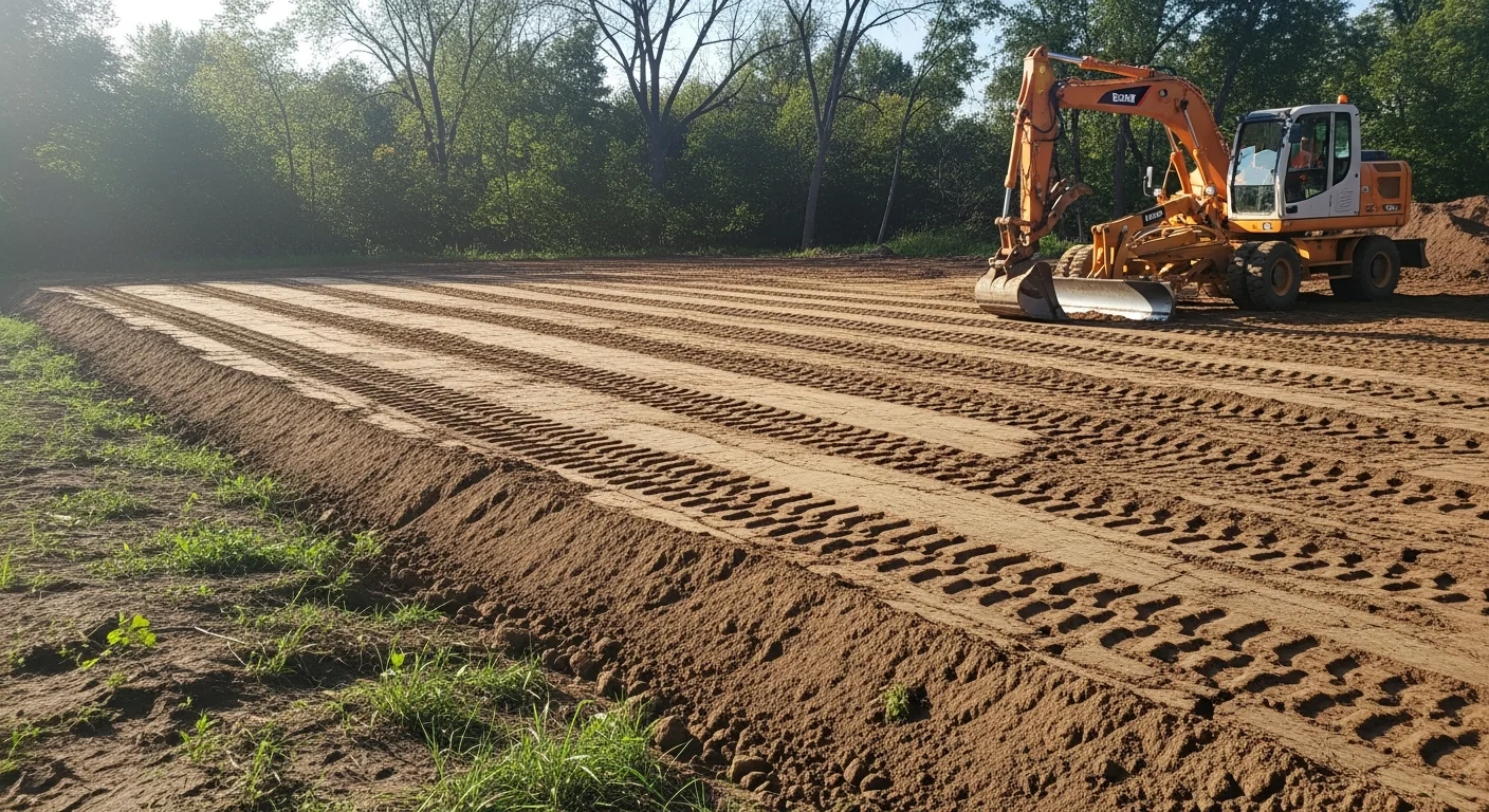 A tracked excavator grading a rural residential lot in Wabasha, Minnesota, with freshly leveled soil and a farmstead visible in the background. The graded surface slopes away from the building pad, showing completed cut-and-fill earthwork on a silty upland site.