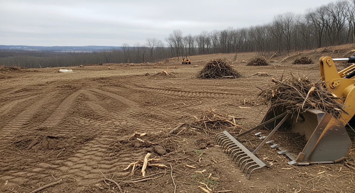 A cleared and rough-graded rural lot in Wabasha, Minnesota, with stumps and brush removed and exposed soil leveled for construction. Rolling bluff terrain and tree lines are visible in the background.