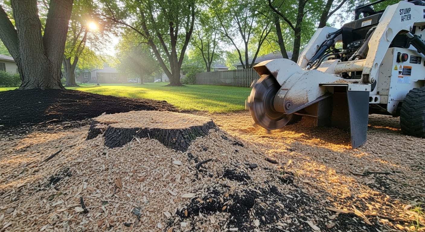A freshly ground tree stump flush with the surrounding lawn on a residential property in Wabasha, Minnesota. Wood chips fill the cleared area where the stump previously sat, with a leveled yard surface ready for replanting.