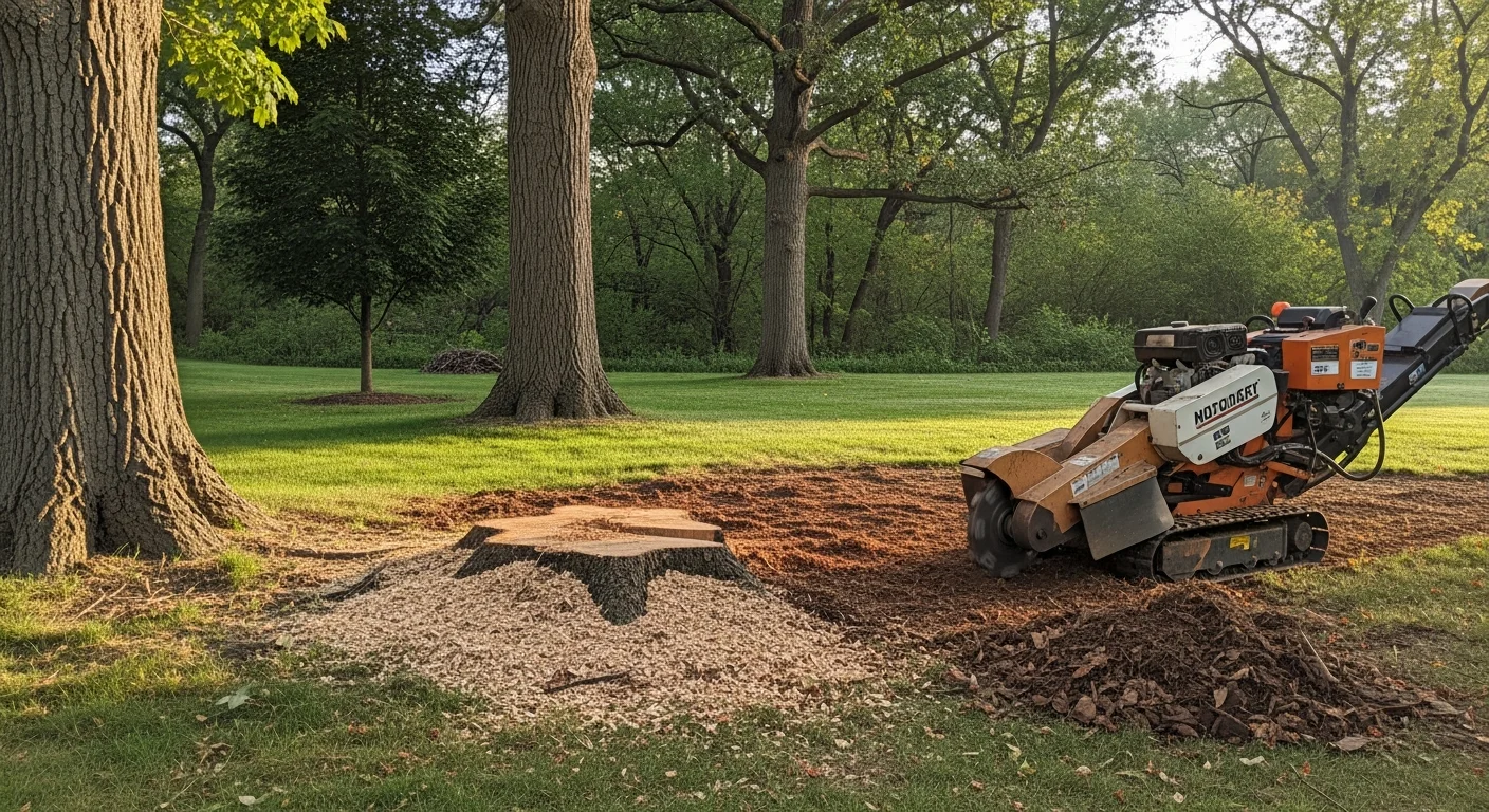 A freshly ground tree stump in a residential Wabasha, MN yard, with wood chips spread across the ground and surrounding grass left undisturbed. A Labare Farms crew member operates a stump grinder near the cleared area.