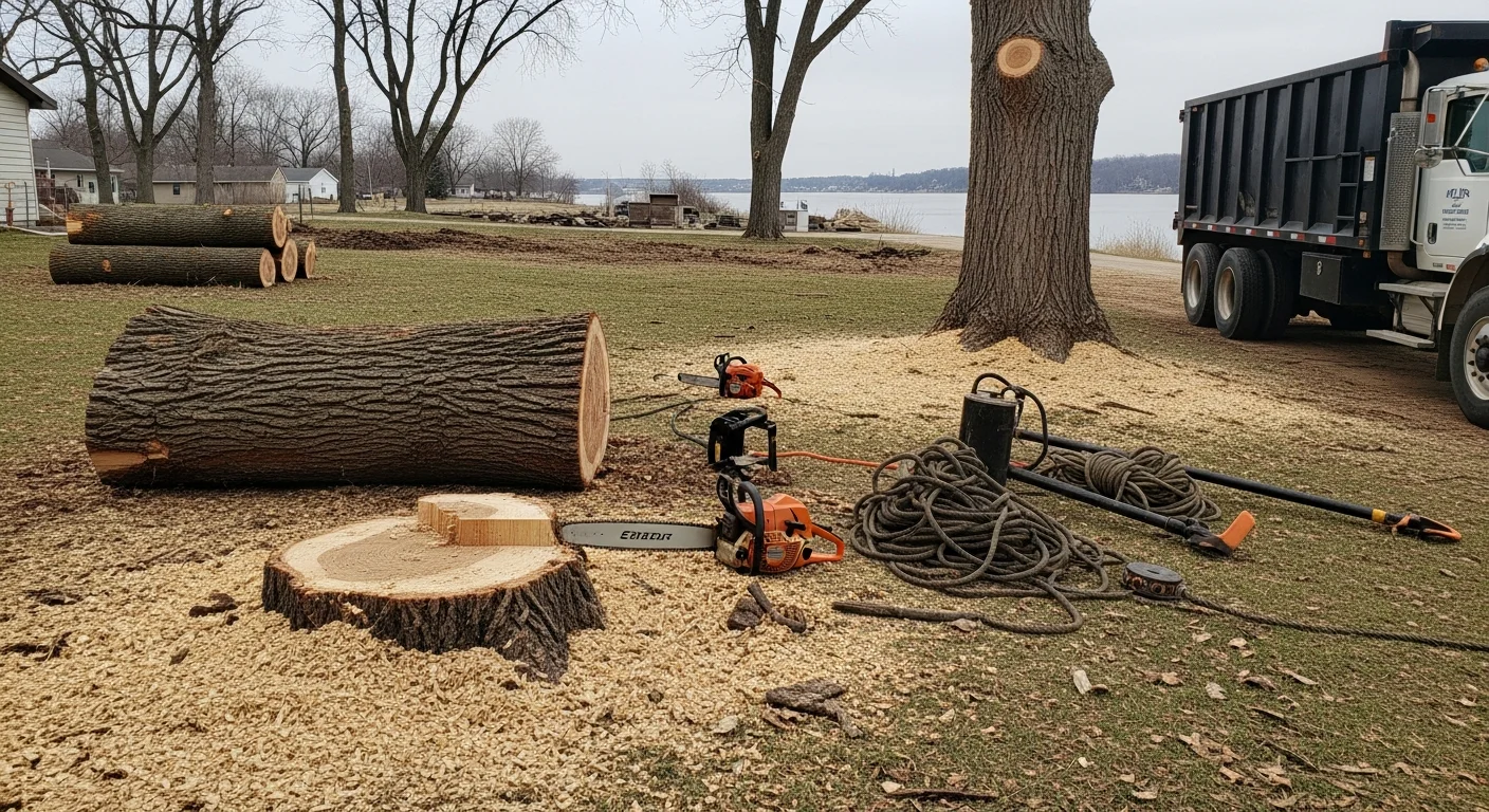 A large dead oak tree being sectioned and removed from a residential yard in Wabasha, Minnesota, with cut logs stacked near a cleared property line. A two-story home and open lawn are visible in the background after debris removal.